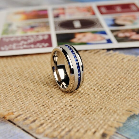 🆕 Men Blue Engagement Ring Eternity Titanium Wedding Band Simulated Sapphire - Picture 2 of 7